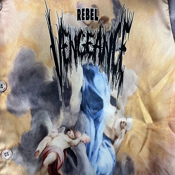 REBEL VENGEANCE Shirt Mens XL Wearable Art ITALIAN Boticelli Print Satin - Picture 2 of 6